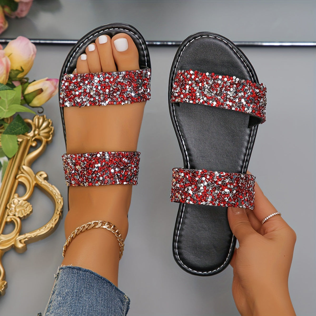 Rhinestone Lightweight Flat Slides - Women's Double Bands