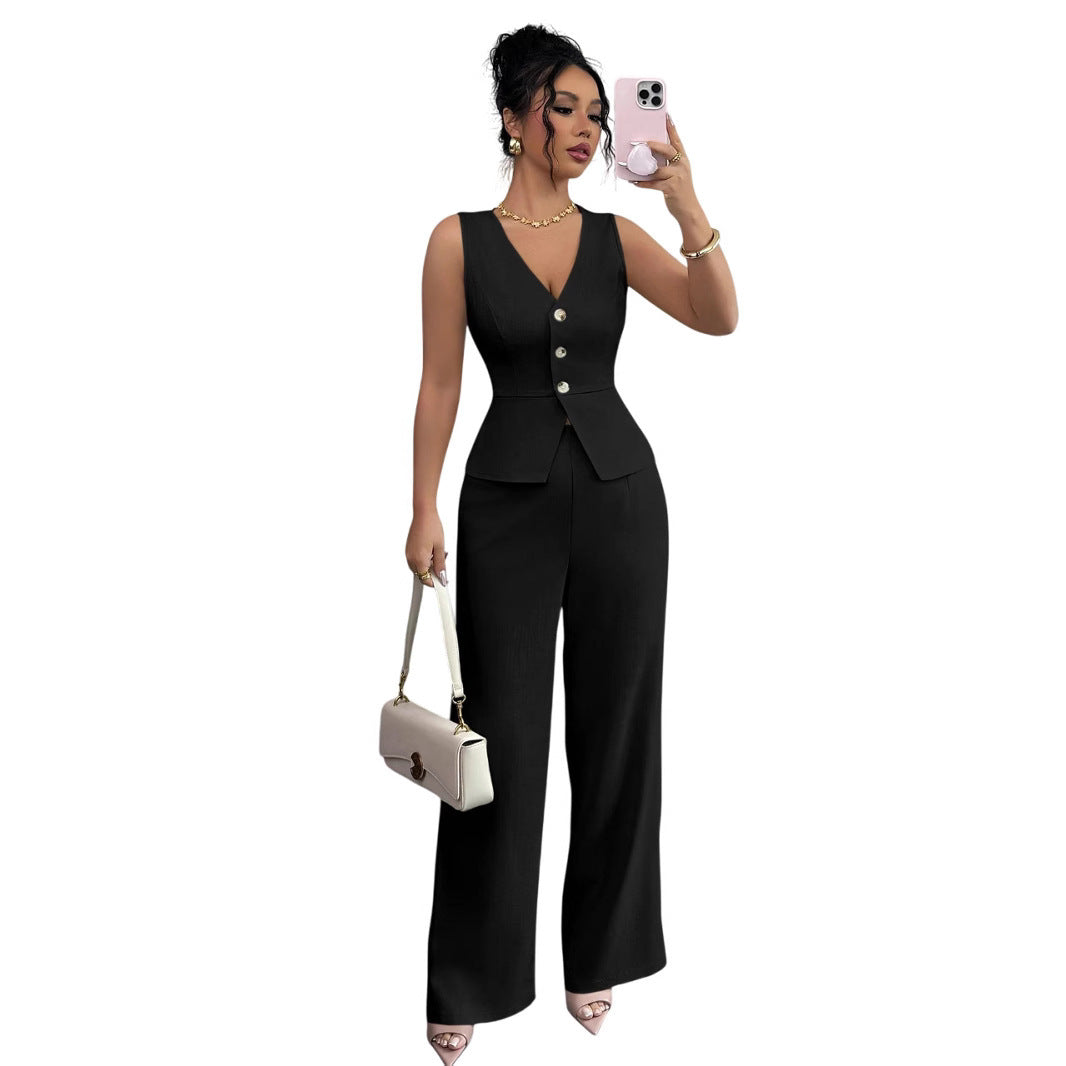 Solid Color Sleeveless Slim Fit Vest High Waist Trousers Two-piece Set