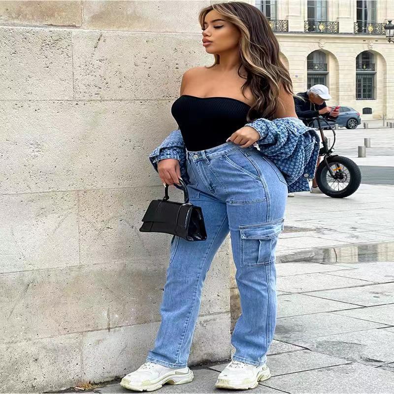Foreign Trade Workwear Jeans For Women Autumn And Winter New Hot Selling Multi-pocket Denim Wide-leg Trousers