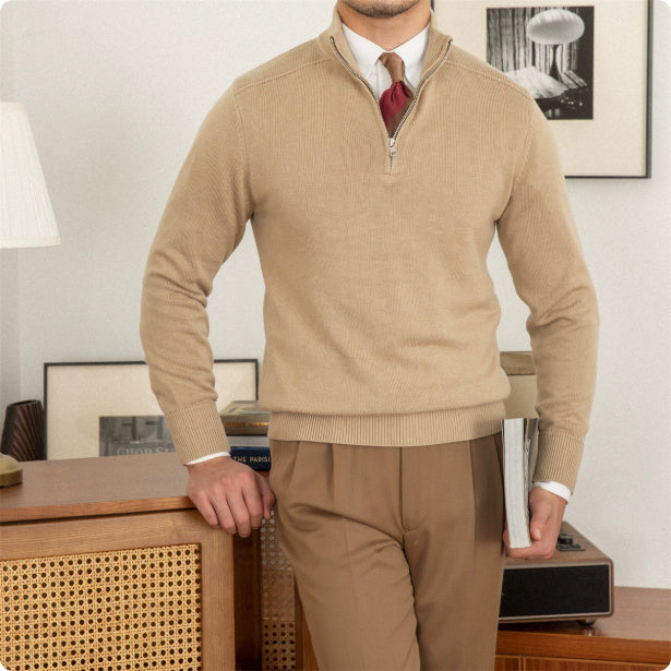 Men's Stand Collar Zippered Wool Sweater