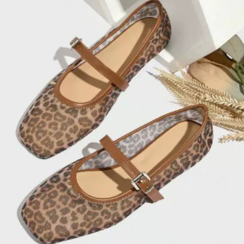 Leopard Print Mesh Breathable Women's Flat Sandals Mary Jane