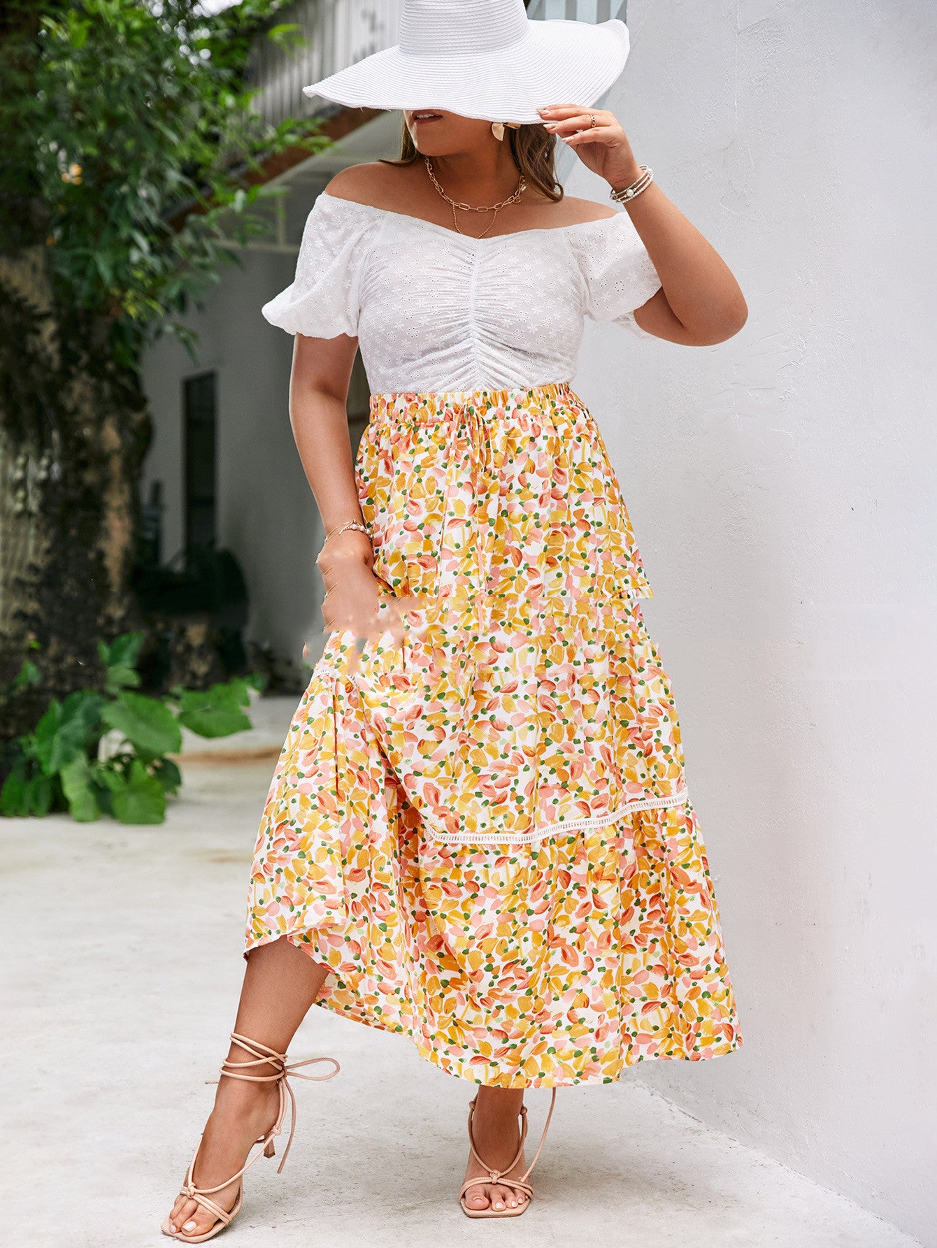 High Waist Printed Yellow Chiffon Sweet Irregular Maxi Dress