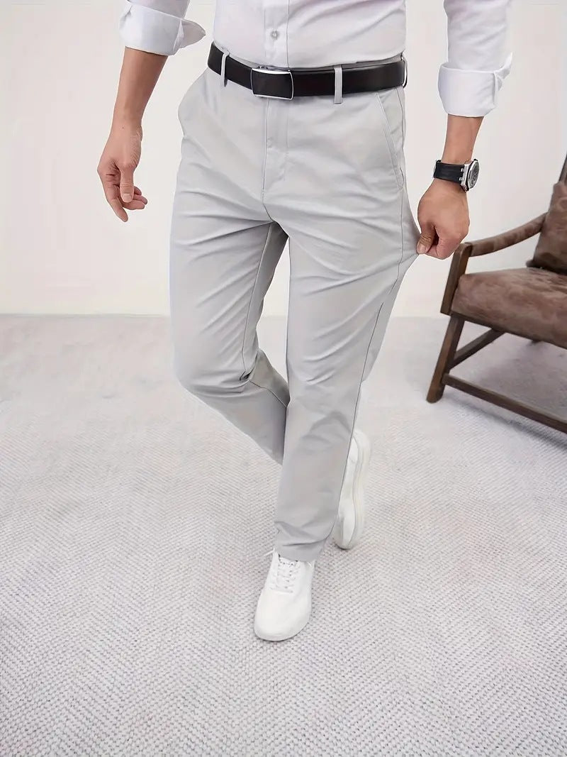 Men's Slim Fit Business Pure Color Casual Tappered Straight-leg Trousers
