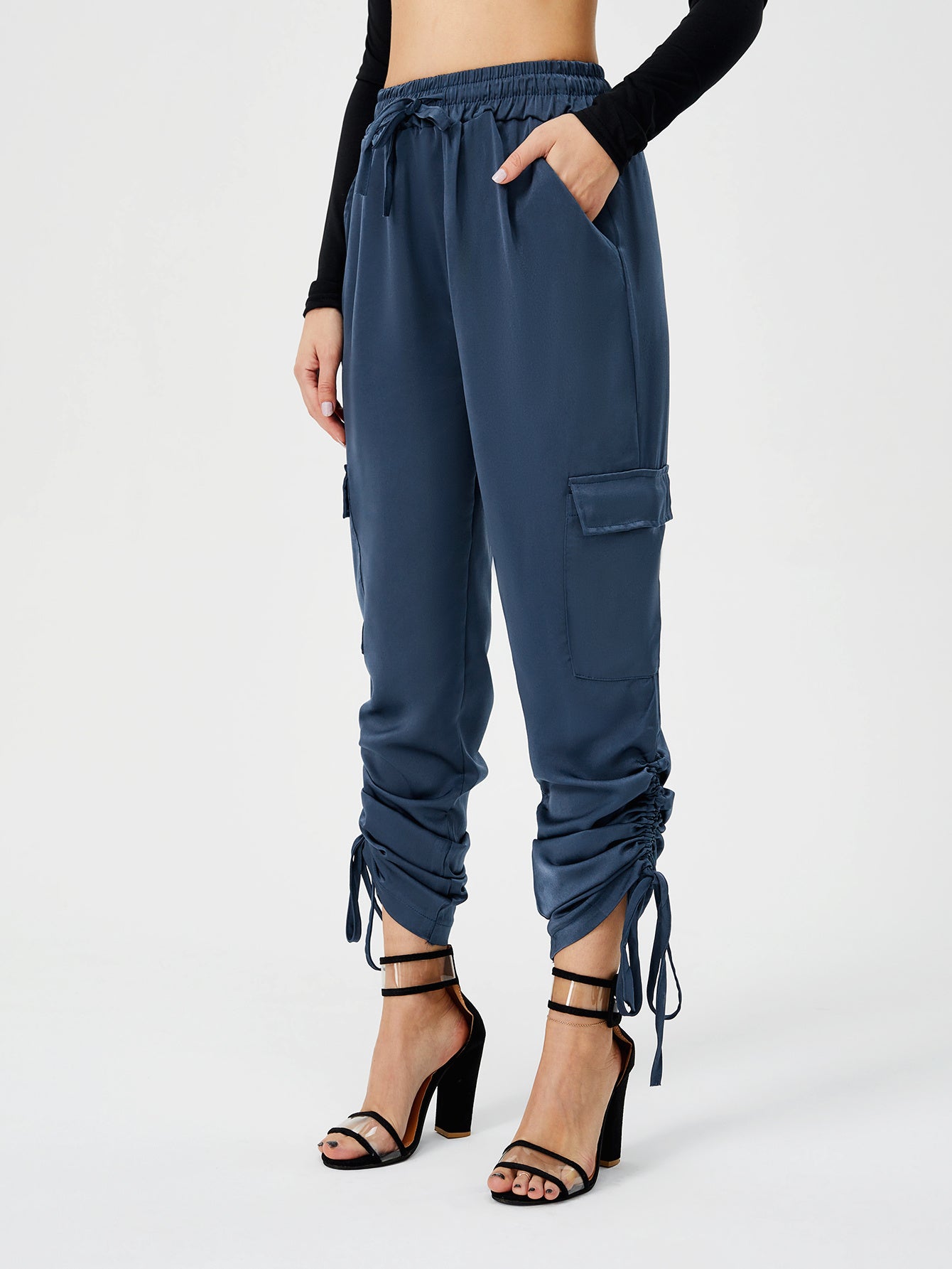 Women's Satin Jogger Pants Casual High Waist Long Lounge Pant Trousers With Pockets