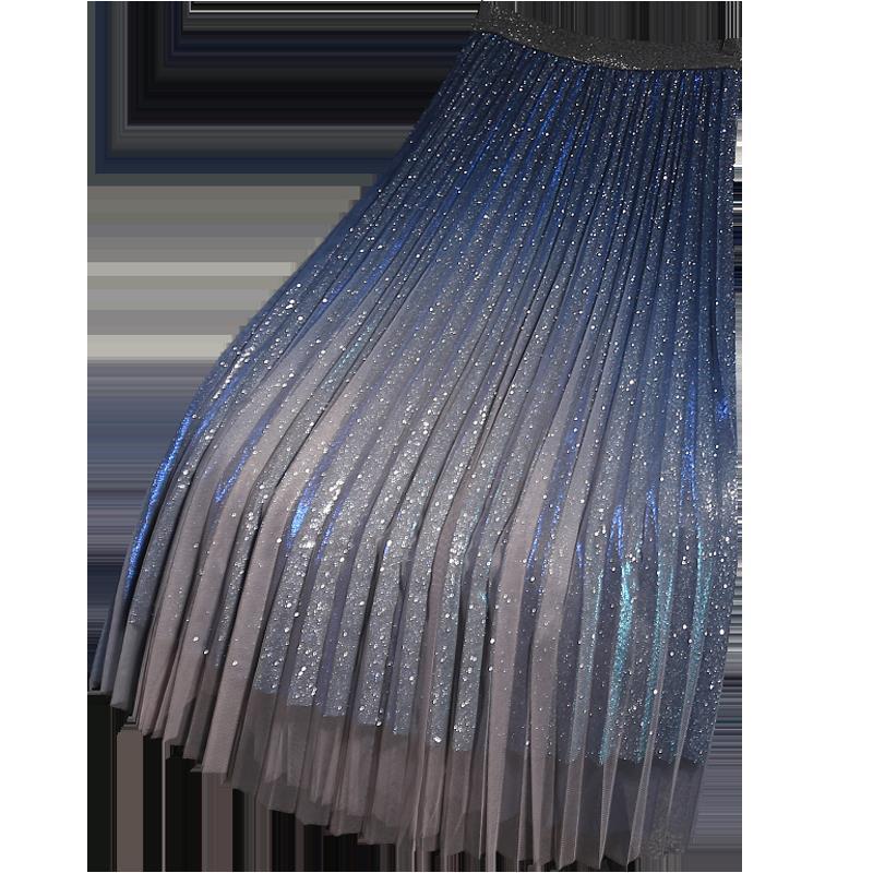 High-end Mesh Skirts Are Thinner Women's Summer Mid-length Skirt Gradient Color Mid-length Pleated Skirt