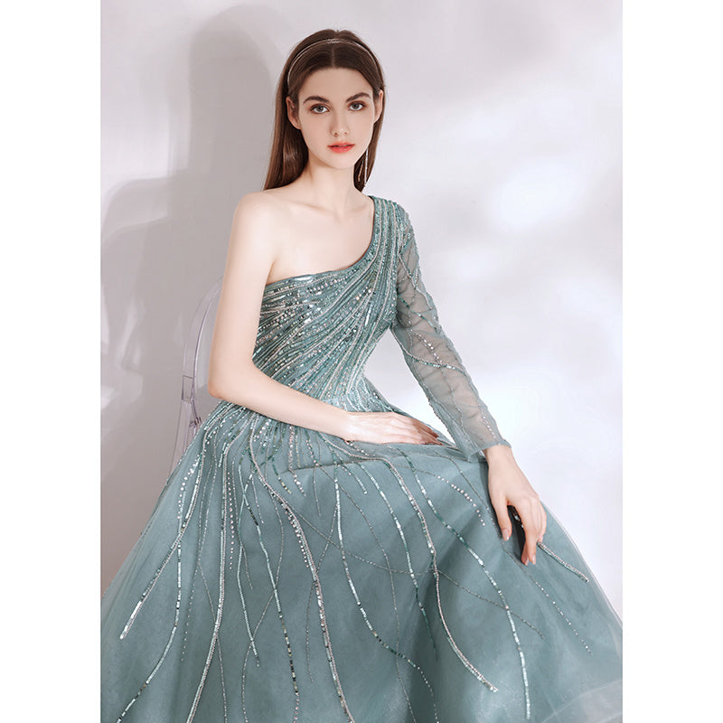 Teal One Shoulder Luxury Beaded Ladies Dress