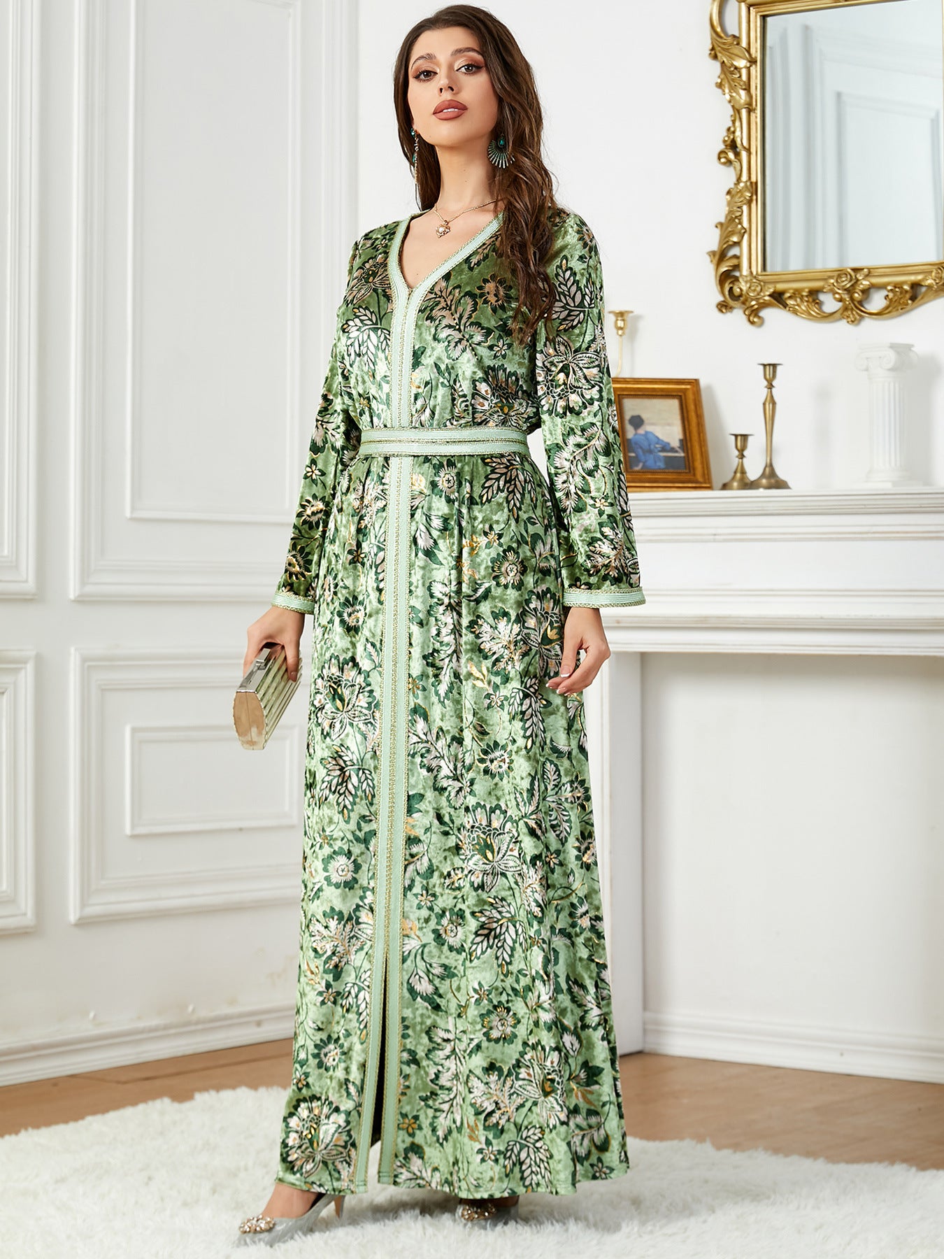 Arabian Autumn And Winter Printing Velvet Dress