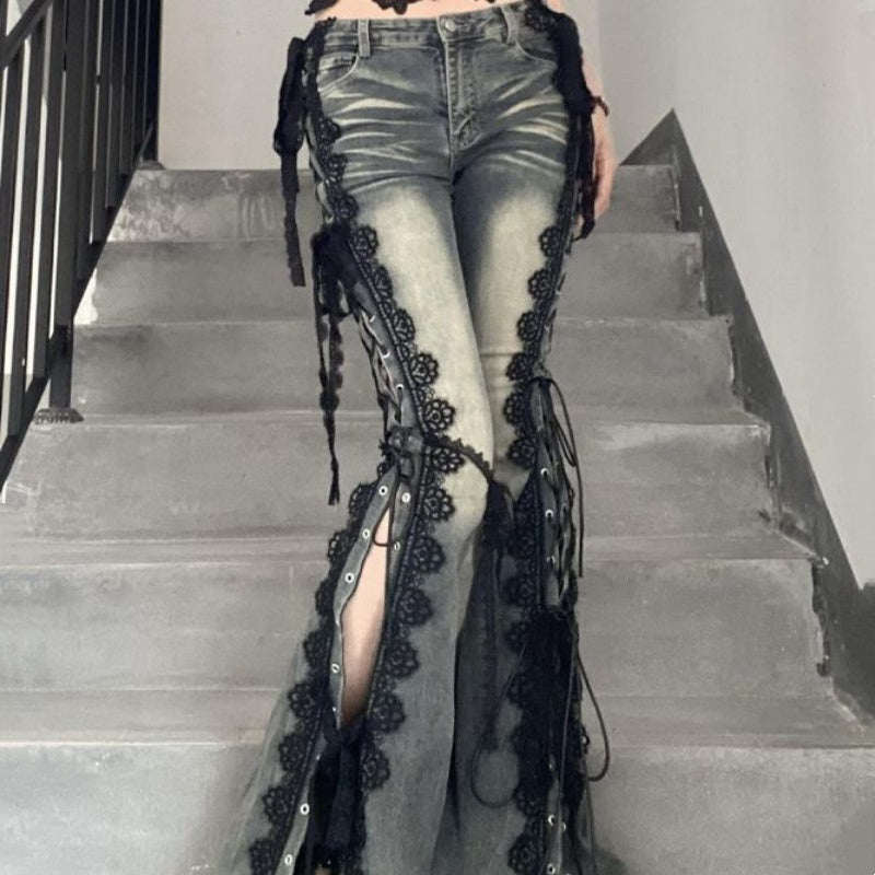 Vintage Plus Size Lace Strap Split Jeans