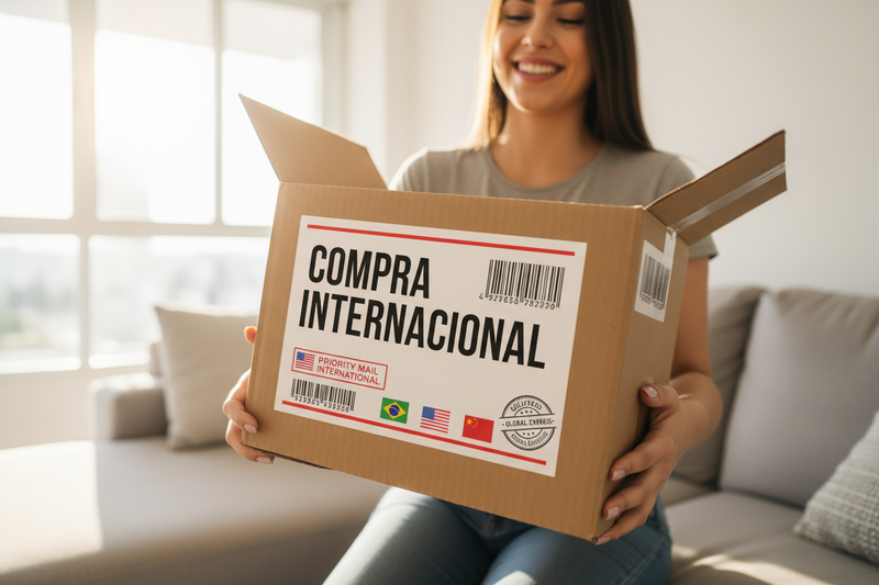 foto de una compra personal o comercial con un paquete que diga compra internacional y este visible